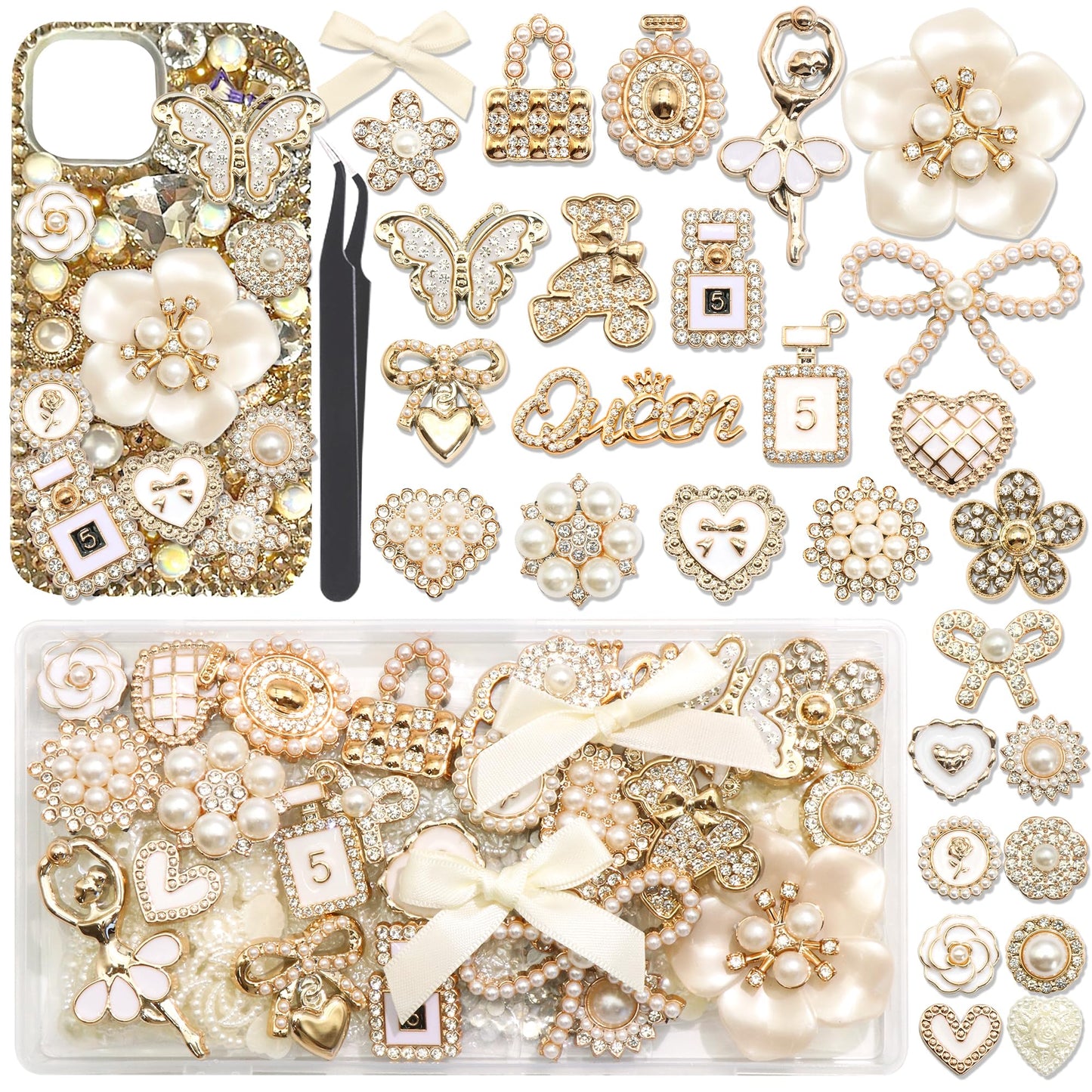 BELICEY Junk Case Charms Elegant Flower Butterfly Charm for Phone Case 3D Bow Heart Bear Junk Phone Case Kit Flatback Pearls Rhinestone for Customizing DIY Craft Accessories