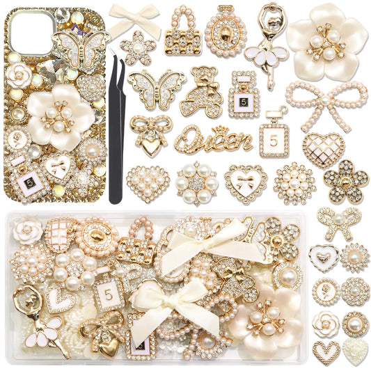 BELICEY Junk Case Charms Elegant Flower Butterfly Charm for Phone Case 3D Bow Heart Bear Junk Phone Case Kit Flatback Pearls Rhinestone for Customizing DIY Craft Accessories