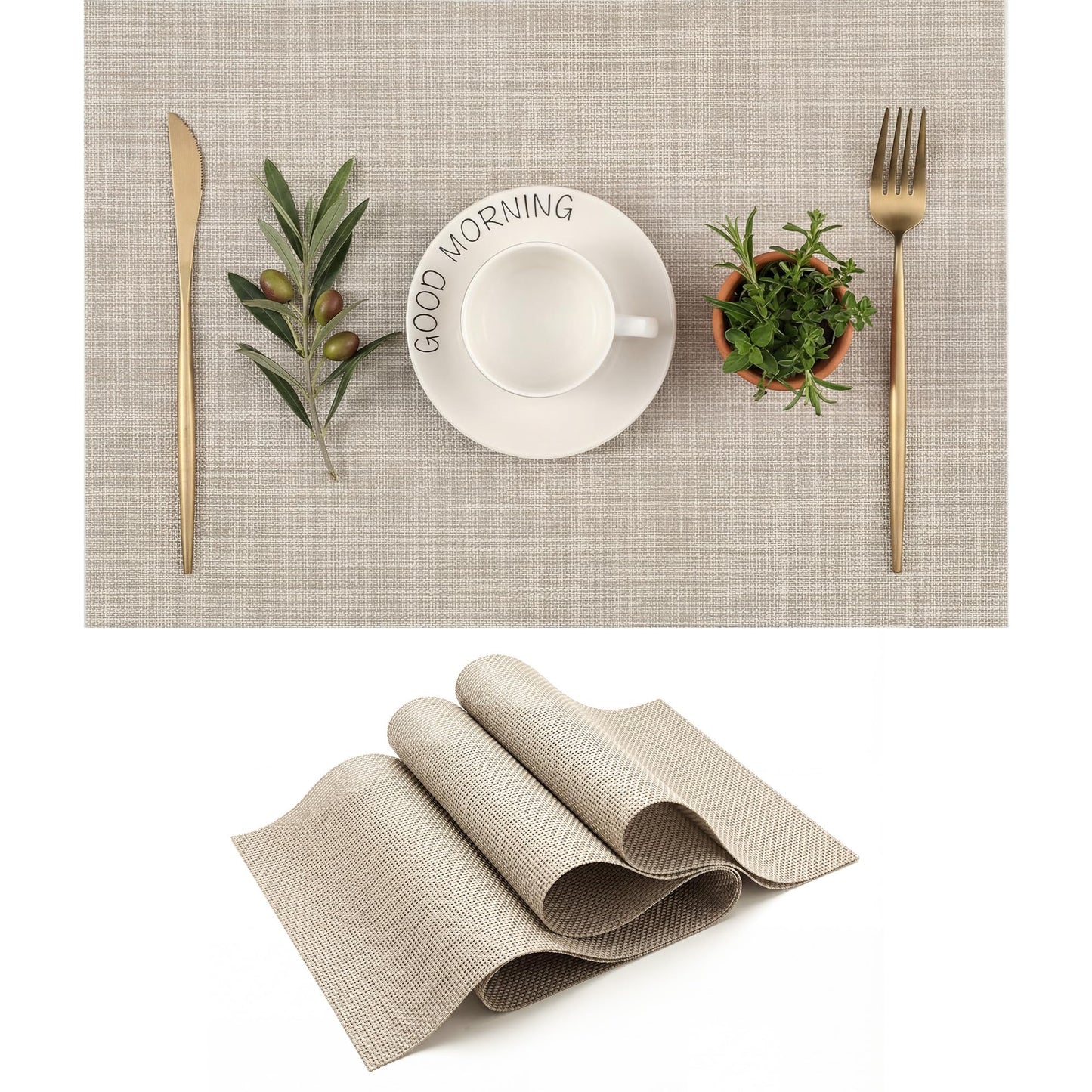 Durable Vinyl Placemats Set of 4, Non-Slip for Dining Table Mat, Heat Resistant Place Mats, Washable Anti-Slip PVC Easy to Clean Wipeable Premium Plastic Mats for Kitchen Beige