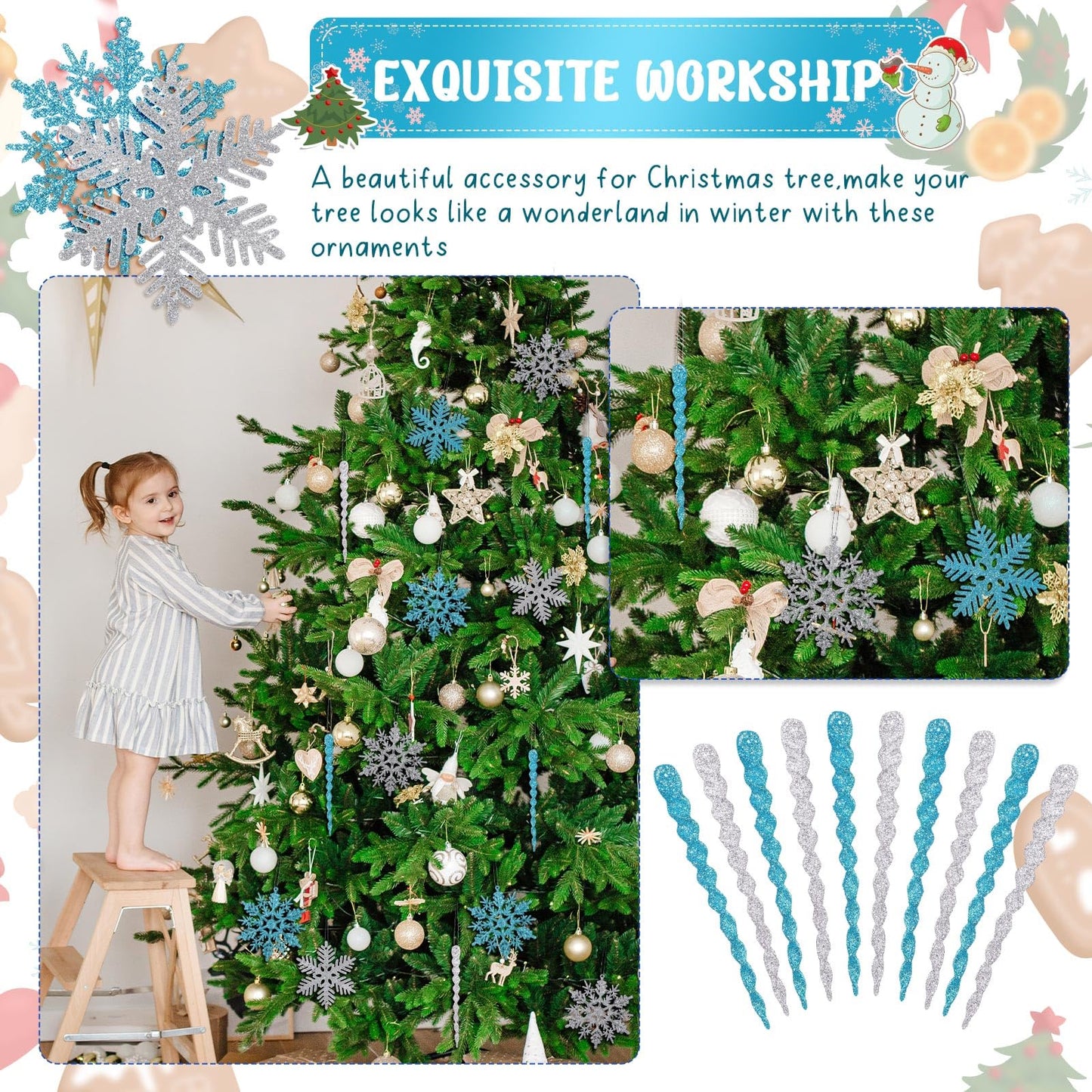 Deekin 72 Pieces Snowflake Icicle Ornaments for Christmas Tree Snowflake Twisted Icicles Glitter Hanging Decorations for Winter Xmas Tree New Year Party Supplies (Light Blue and Silver)