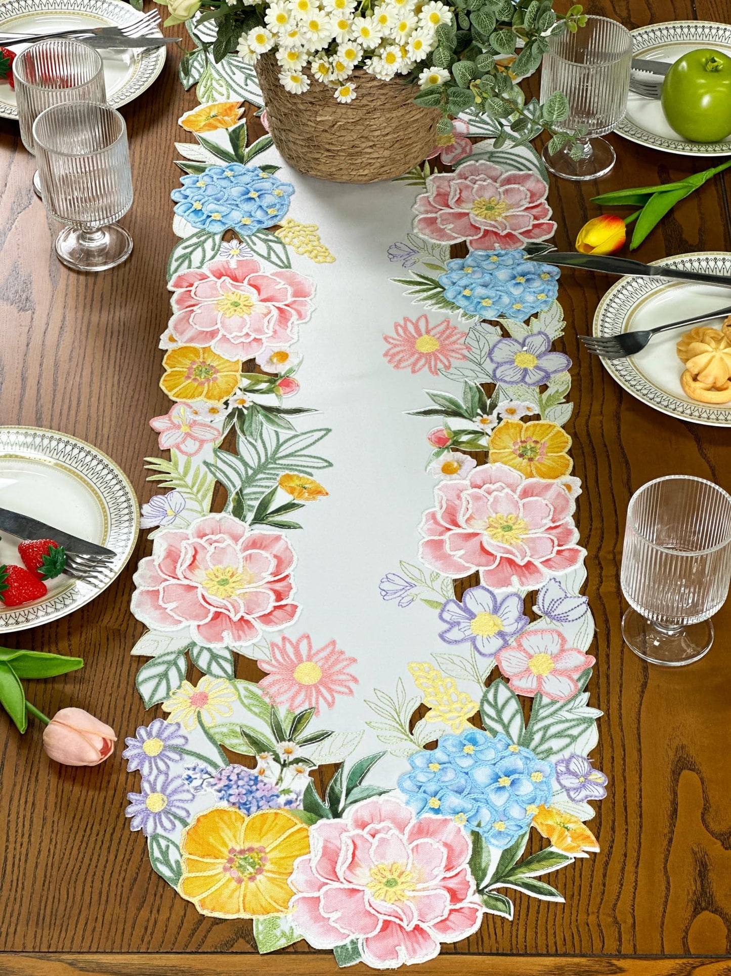 KEVA Floral Spring Table Runner 13x72inch, Flower Cutwork Embroidered Table Runner & PLACEMAT, Easter Seasonal Spring Table Decorations for Kitchen Dining Table (13x72')