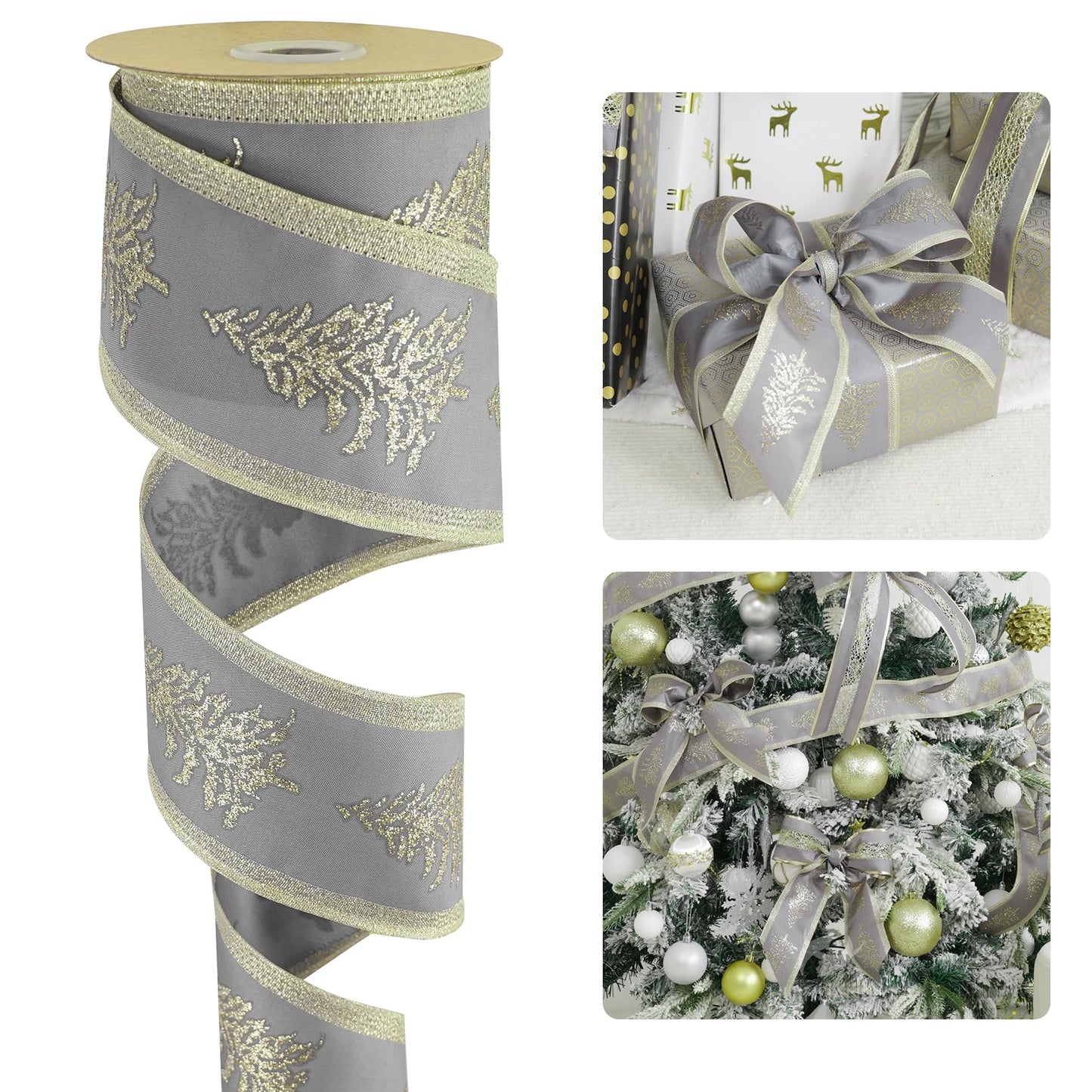 HUIHUANG Gray Satin Wired Christmas Ribbon with Champagne Glitter Trees, 2.5 Inch Wide x 10 Yards (30 Feet) for Christmas Decorations, Garlands, Wreaths, Bows Making, Crafts, Home Decor