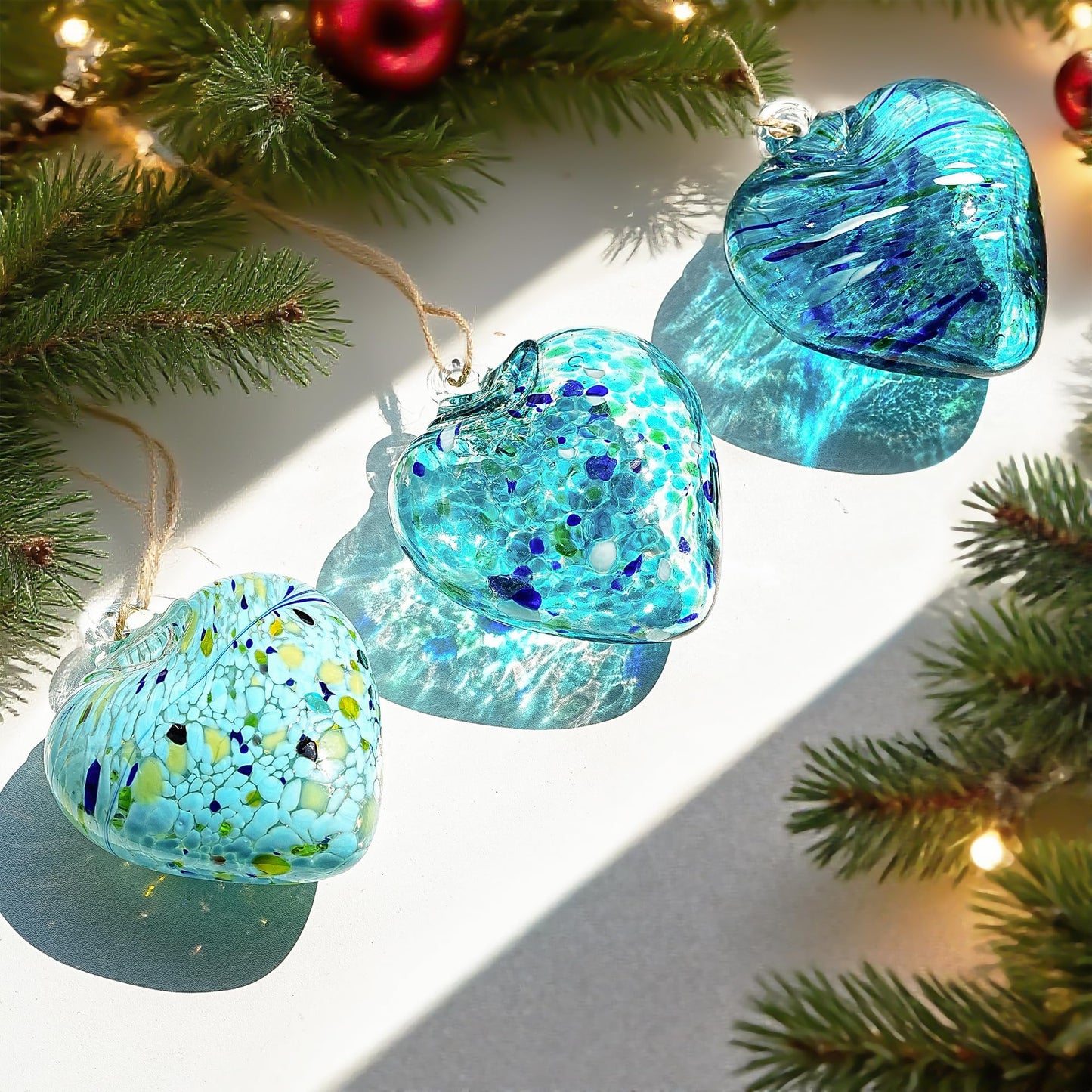 Set of 3 Handmade Glass Heart Ornaments 3.5 Inch Hanging Decoration for Home Garden Wedding Party Decor