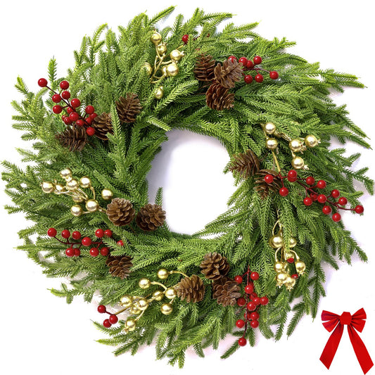 AMORISE 26" Norfolk Pine Wreath, Large Greenery Wreath for Front Door, Green Year Round Real Touch Artificial Greenery Wreath for Wall Porch Rustic Farmhouse Home Decor, with Lights, Red Bow, FF10