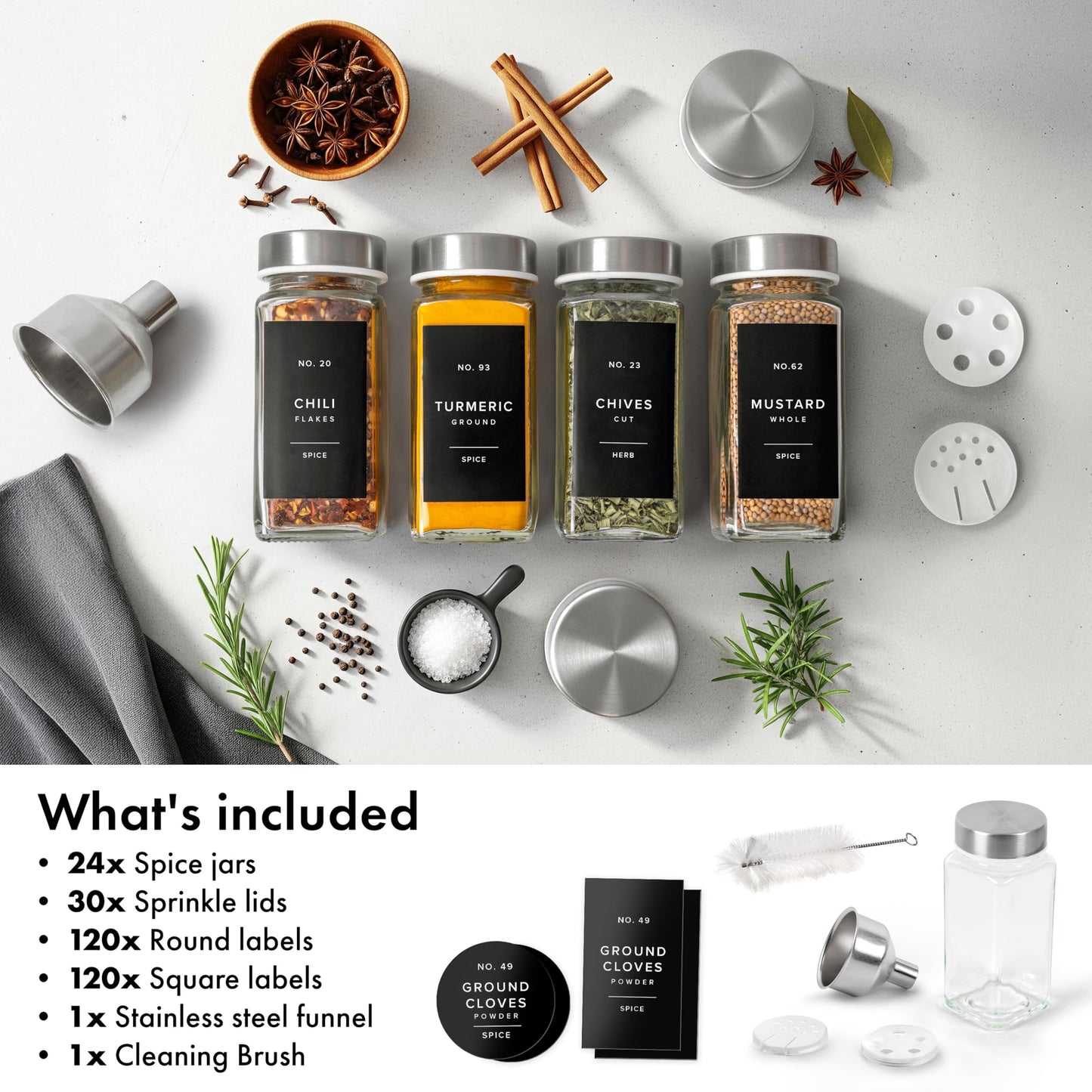 EDELHAUS Glass Spice Jars with Labels and Steel Lids (24 x 4oz) Spice Containers with 240 Label, Steel Funnel, Shaker Inserts, Empty Square Seasoning Organizer for Spice Rack, Cabinet, Drawer