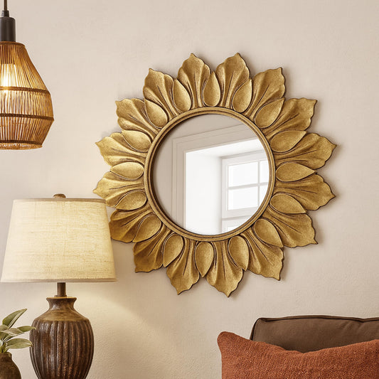 XIAOAIKA Sunflower Sunburst Wall Mirror, 22" Distressed Gold Wooden Frame, Handcrafted Petal Floral Design, Vintage Farmhouse Style Mirror for Wall Decor for Living Room, Bedroom, Bathroom, Vanity