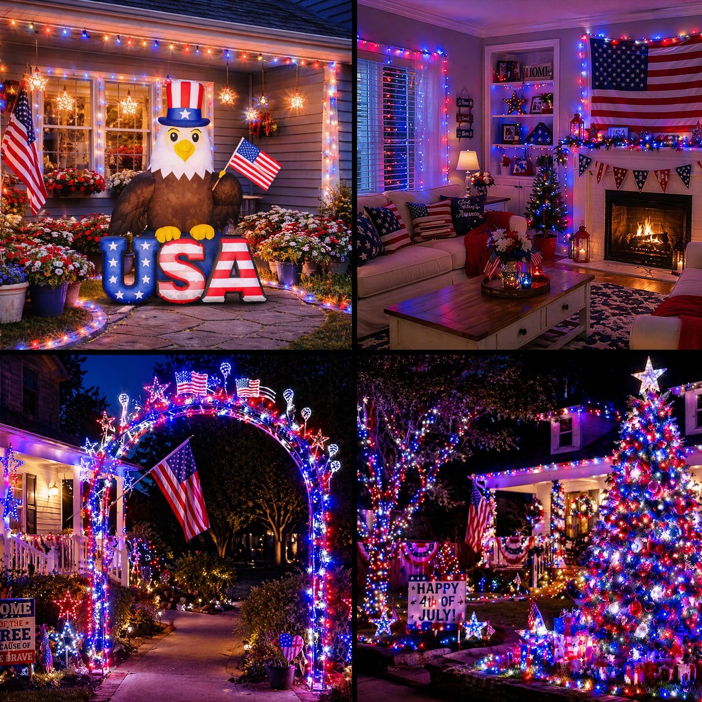 Couah 2 Pack 100 LED 38.4FT Red White and Blue Lights Battery Operated, Patriotic 4th of July Lights 8 Modes-Timer Indoor Outdoor Party Patriotic Memorial Day Independence 4th of July Decorations
