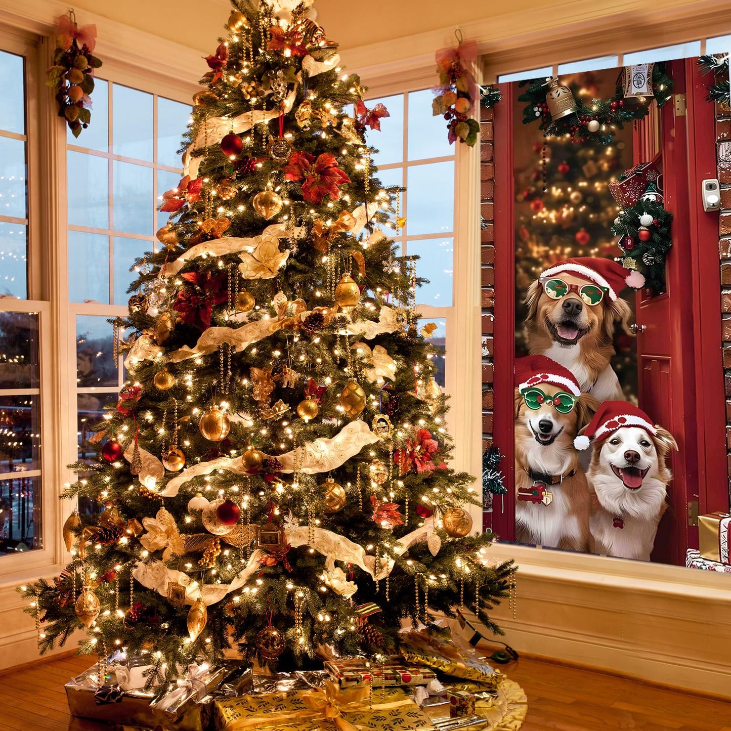 Christmas Door Cover Cute Santa Dogs Front Door Covers Decoration 71x36 Inch, Merry Christmas Banner for Holiday Parties, Winter Xmas Decor with Fabric, Festive Backdrop for Home & Office