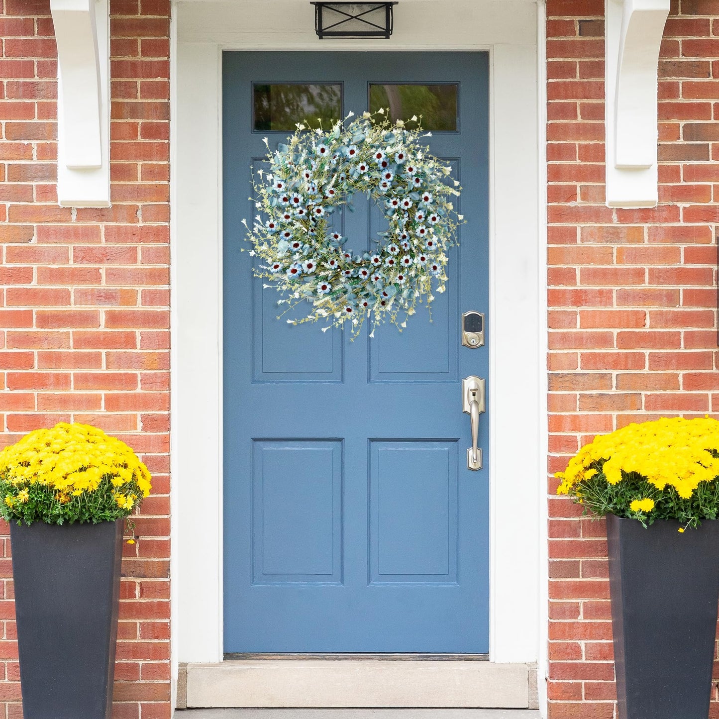 Sggvecsy Blue Daisy Wreath 24 Inch Spring Summer Fake Silk Floral Wreath with Green Eucalyptus Leaves and Lavender for Front Door Window Wall Wedding Farmhouse Festival Decor