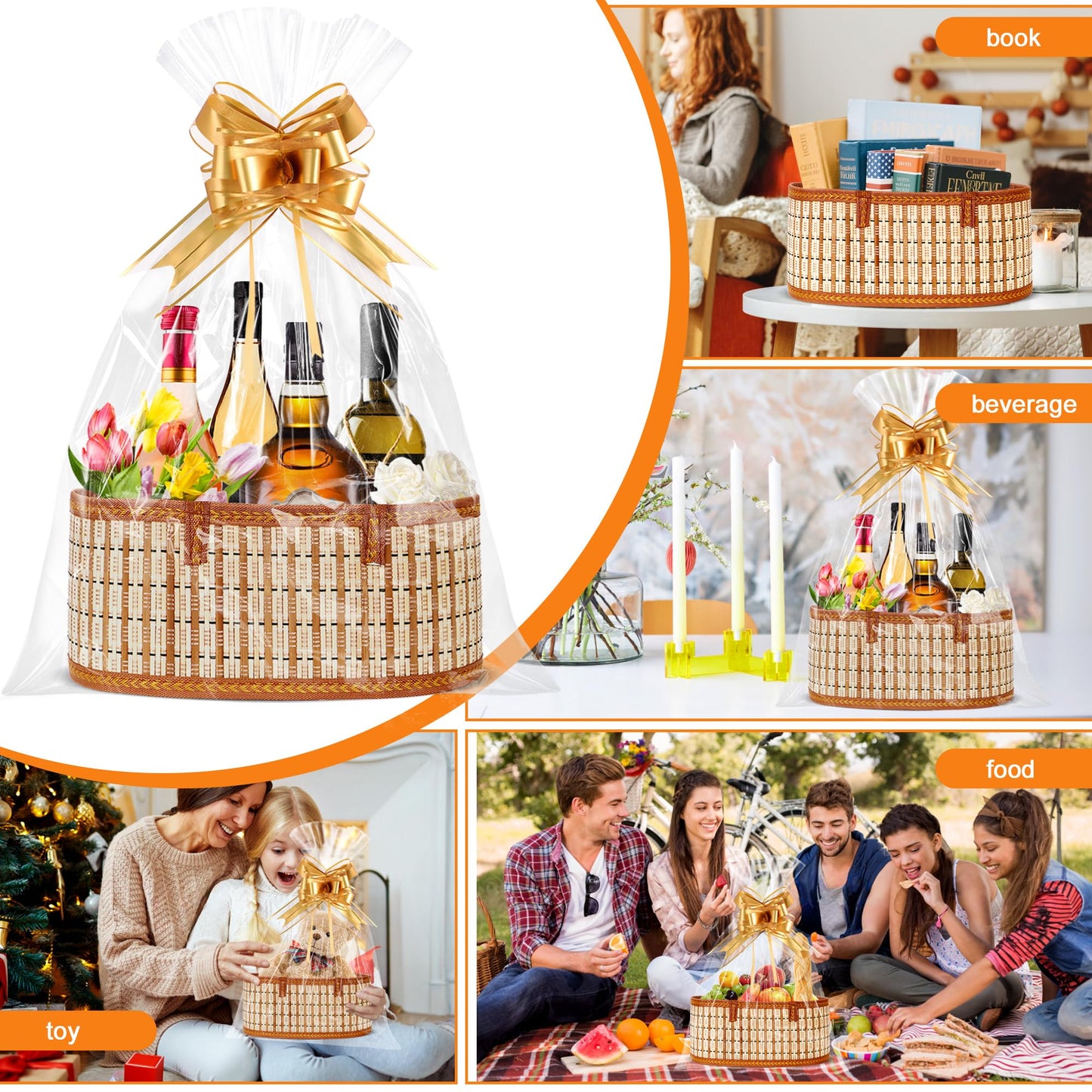Orchidleaf 2 Set Baskets for Gifts Empty, Gift Empty Bamboo Basket Large, Foldable Woven Gift Basket with Handle for Baby Baptisms, Mother's Day, Christmas, Housewarming