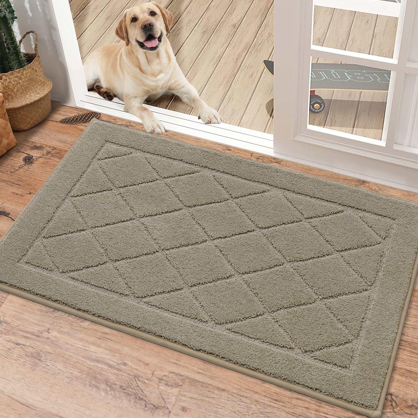BEQHAUSE Dirt Trapper Door Mat 20" x 32", Doormat Non-Slip Entryway Rugs Washable, Dog Door Mat Stain Resistant and Absorbent Welcome Floor Mat for Front Back Door, Mud Wet Shoes & Paws, Beige