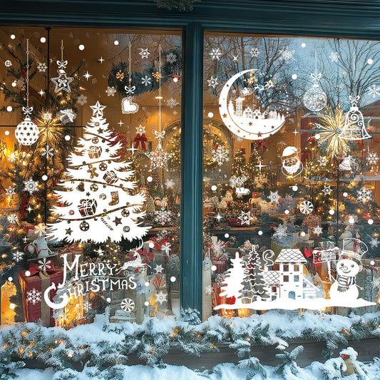 Joeyan Christmas Window Stickers, 9 Sheets Large Christmas Window Clings Decals White Double Sided PVC Snowflake Snowman Xmas Tree Scene Static Sticker for Christmas Decorations, 202 Pcs
