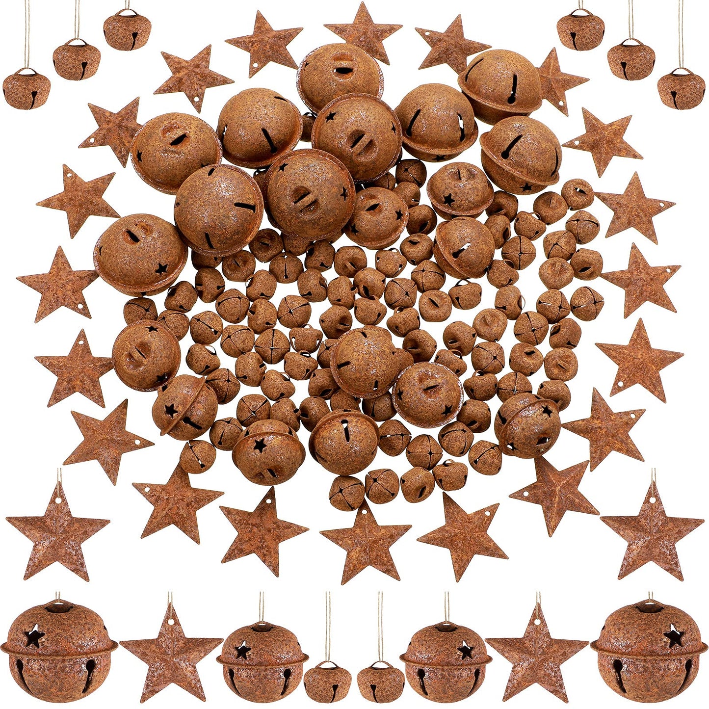 Dilunave 140 Pieces Rustic Christmas Bell Set, Includes 100 Small Rustic Jingle 20 Star Cutout Bells 20 Metal Star Hanging Ornament for Christmas Tree Home Decor DIY Craft(Rusty)