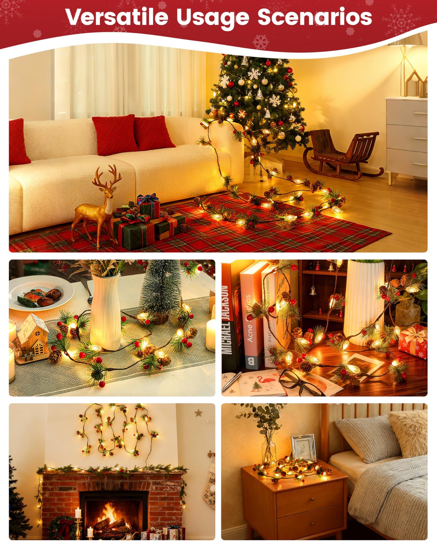 Christmas Garland with Lights,7FT Pinecones Christmas String Lights with Red Berries,Needles,20Led C6 Christmas Lights Battery Operated Prelit Garland for Xmas Decorations Indoor Outdoor