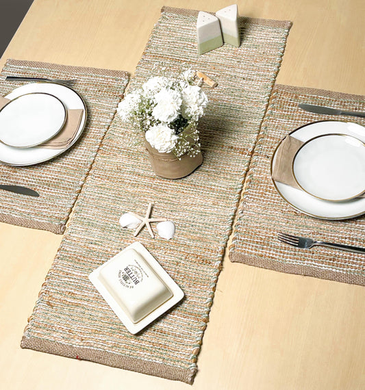 Chardin home Natural Jute Table Runner 13x48 Inch – Vintage Boho Rustic Table Decor – Handwoven Table Runner in Natural Jute and Sage Green-White – Farmhouse Dining or Console Table Accent