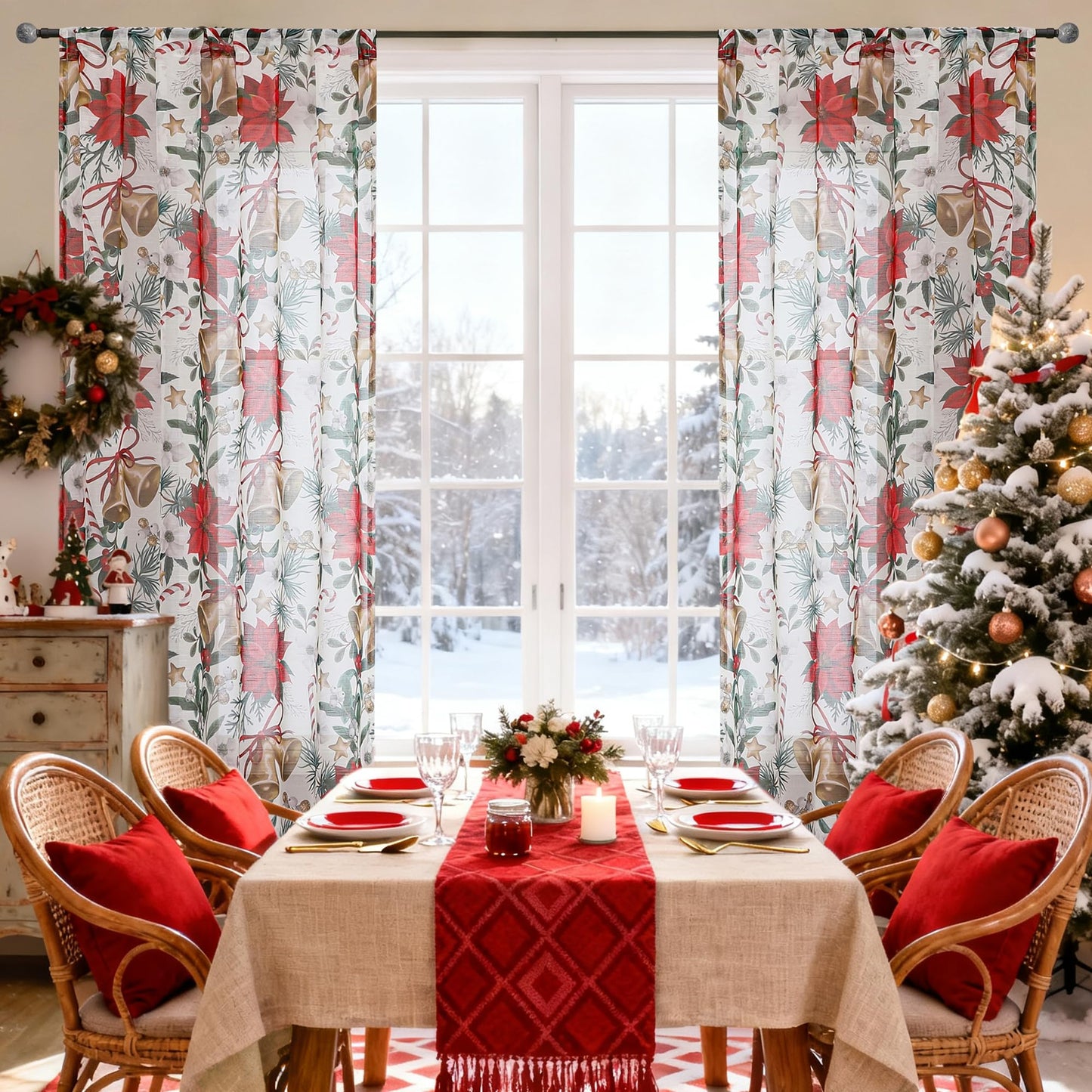 BROSHAN Red and Gold Christmas Sheer Curtains 63 inch Length 2 Panel Set- Xmas Bedroom Window Decoration Curtains in Poinsettias Floral Bells Patterned, Winter Holiday Living Room Curtain Drapes