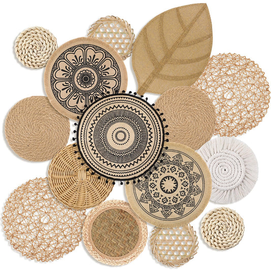 Anglechic 15 Pcs Boho Wall Basket Decor Brown Woven Rattan Seagrass Decor Hanging Rustic Farmhouse Western Wall Art Decoration for Nursery Living Room Bedroom Home Kitchen