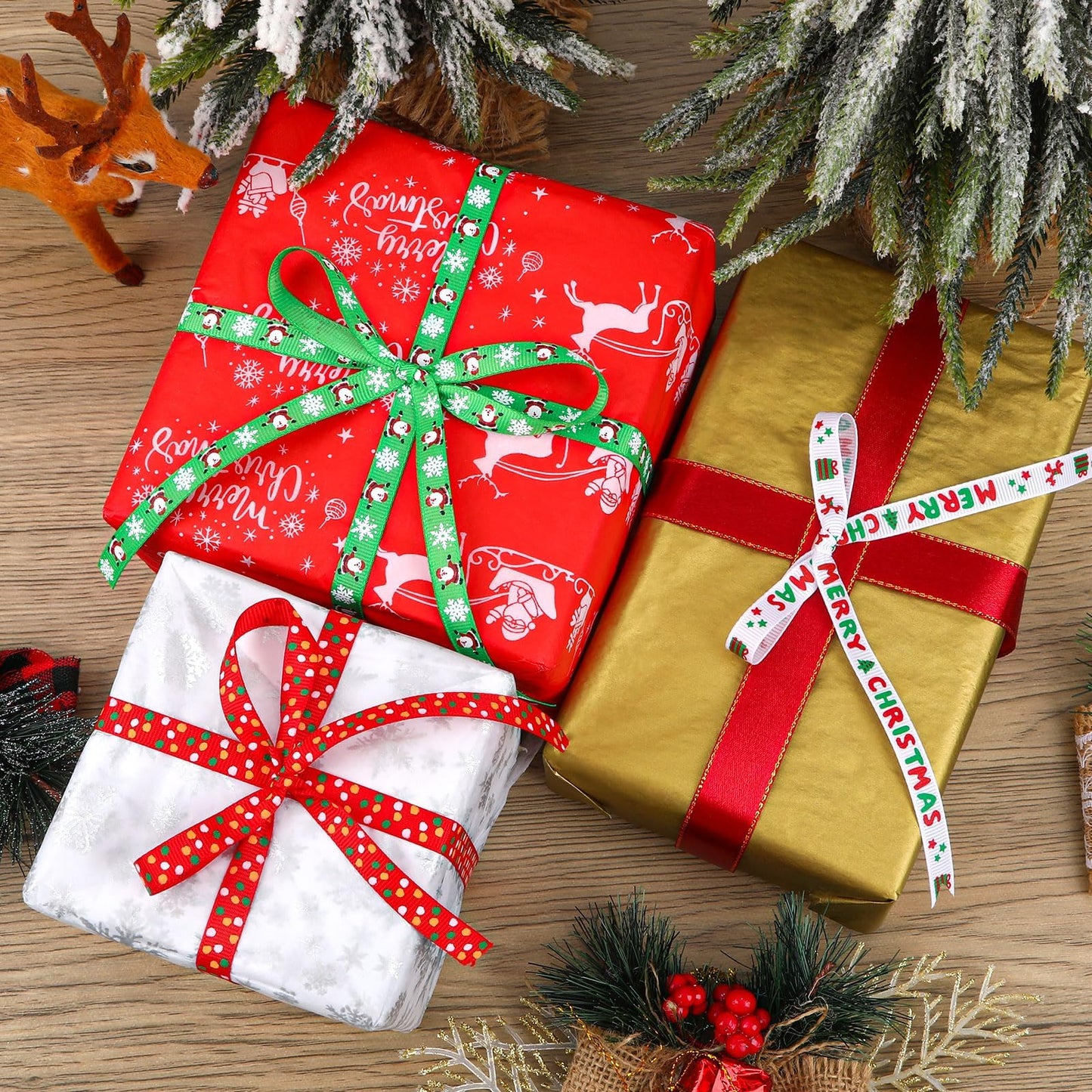 DECYOOL Christmas Ribbon, 6 Rolls 60 Yards Snowflakes Santa Claus Gingerbread Man Dots Ribbon for Christmas Crafts, 10mm Wide Grosgrain Ribbons for Gift Wrapping, Party, Home Decor