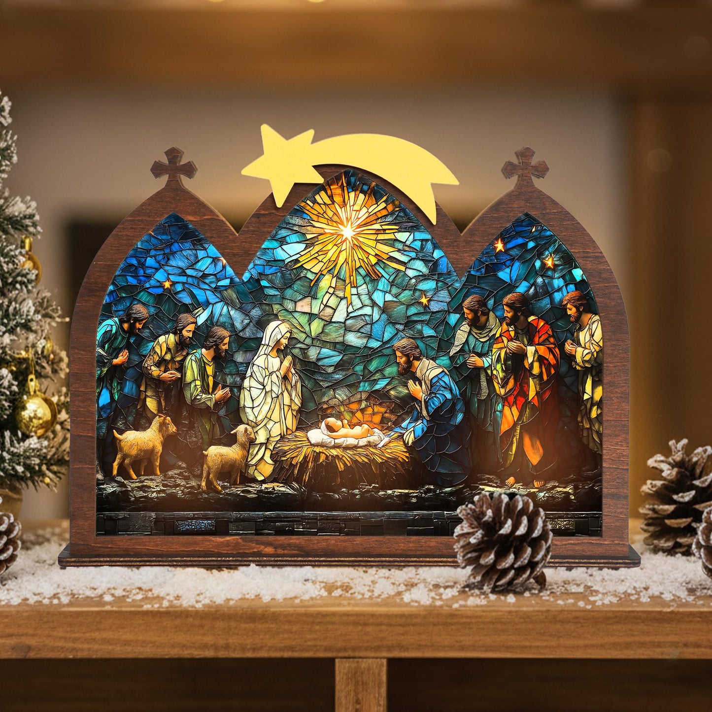 DINIZON Wooden Nativity Set, Wood Christmas Nativity Scene Set, Miniature Holy Family Figurines, Table Top Boho Christmas Jesus Decorations for Indoor Mantel Display, Miracle In A Manger Gift (Candle Holder)
