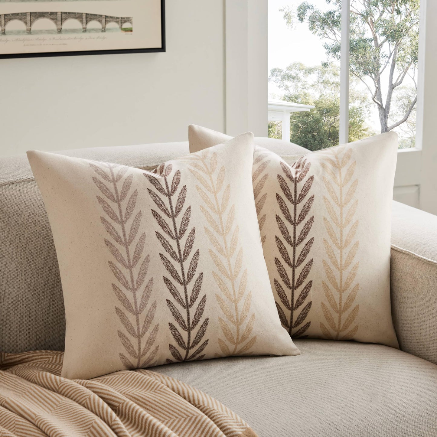 YZJZEDS 100% Cotton Farmhouse Leaves Throw Pillow Covers Set of 2, 18x18 Inch Mixed Beige Pastoral Decorative Print Cushion Covers for Sofa Bed Living Room Home Decor