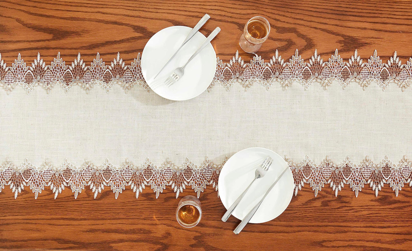 Raedan Natural Linen Table Runner 72 inches Neutral Earth Tones Beige Lace Coffee Table Runners Dresser Scarf for Easter Spring Summer Kitchen Wedding Party, Machine Washable (Natural, 16”x72”)