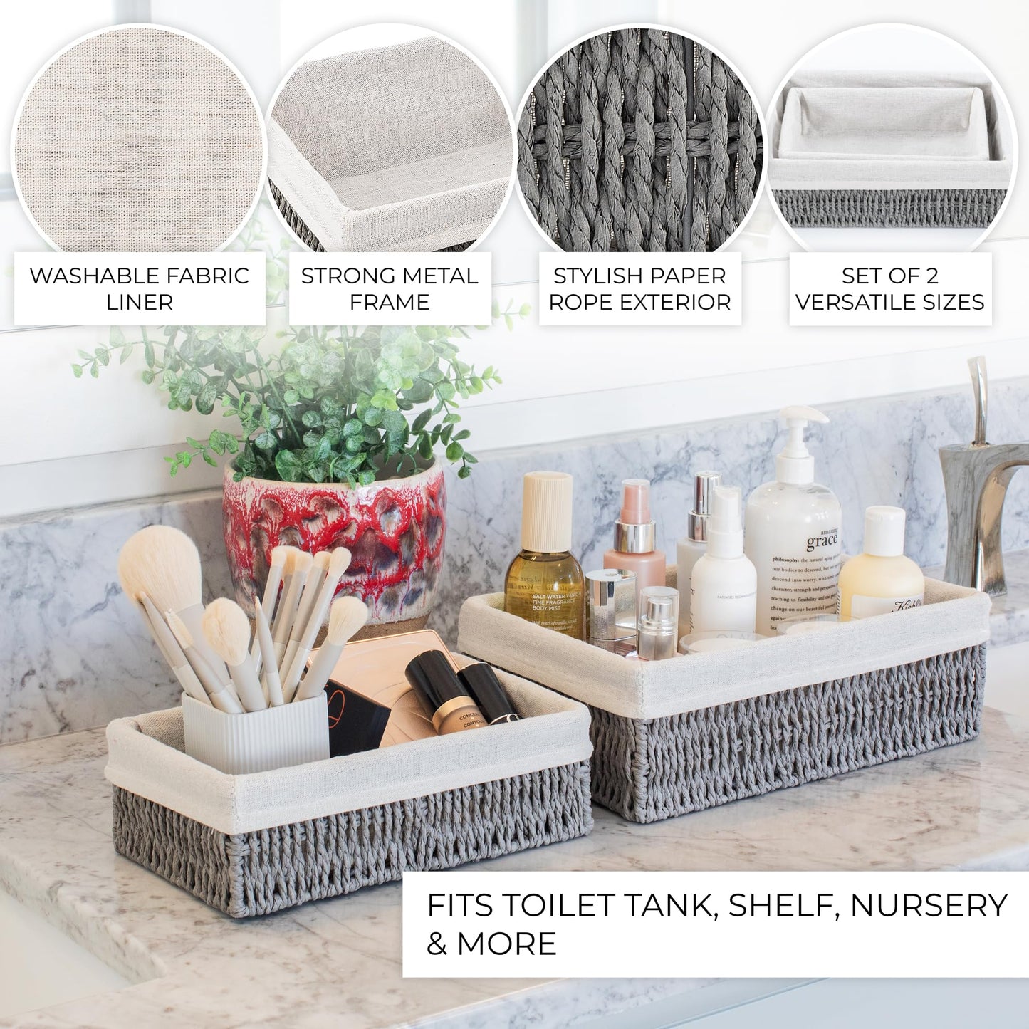 Beautiful Toilet Paper Storage Basket Set of 2 – Decorative Wicker Bathroom Organizer for Toilet Tank Trays - Quality Holder Bin for Shelves Fits Perfectly with Any Bathroom Decor