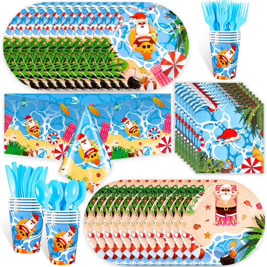 HOWAF 117pcs Hawaii Christmas Decorations Tableware Set, Paper Plates and Napkins Sets Plastic Xmas Santa Tablecloth Disposable Dinnerware Beach Party Paper Cups Forks Supplies