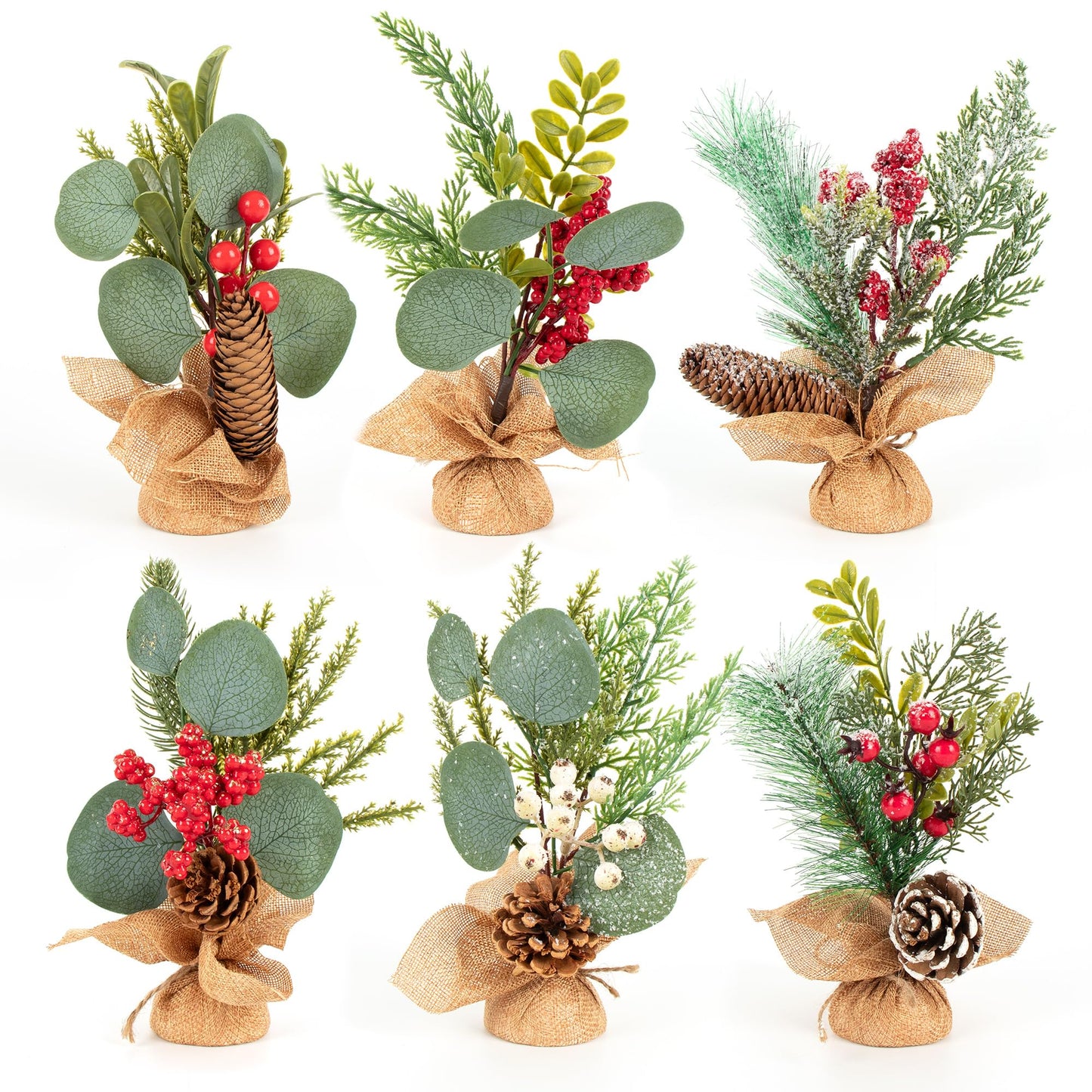 MINDELF 6 PCS Rustic Mini Christmas Tree Tabletop Set, Mixed Green Leaves, Red Berries and Pine Cones, 9 inch Artificial Trees with Burlap Bases, Ideal for Holiday Home Office Table Centerpiece