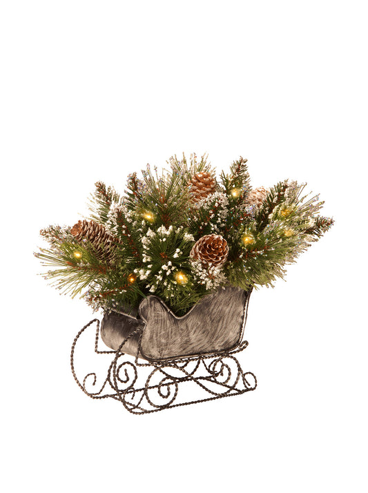 National Tree 10 Inch Glittery Bristle Pine Sleigh with White Cones and 15 Battery Operated Warm White LED Lights (GB3-300-10-B)