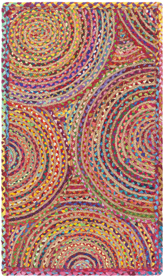 SAFAVIEH Cape Cod Collection Accent Rug - 2' x 3', Red & Multi, Handmade Boho Braided Circles Jute & Cotton, Ideal for High Traffic Areas in Entryway, Living Room, Bedroom (CAP203A)