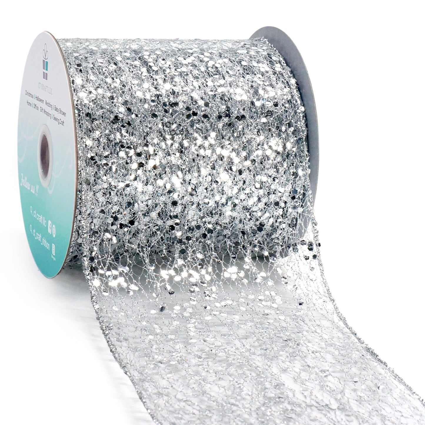 CT CRAFT LLC Sparkling Glitter Mesh Wired Ribbon 4" x 10 Yards Silver for Christmas Home Decor Bow Gift Wrapping DIY Crafts Wreath
