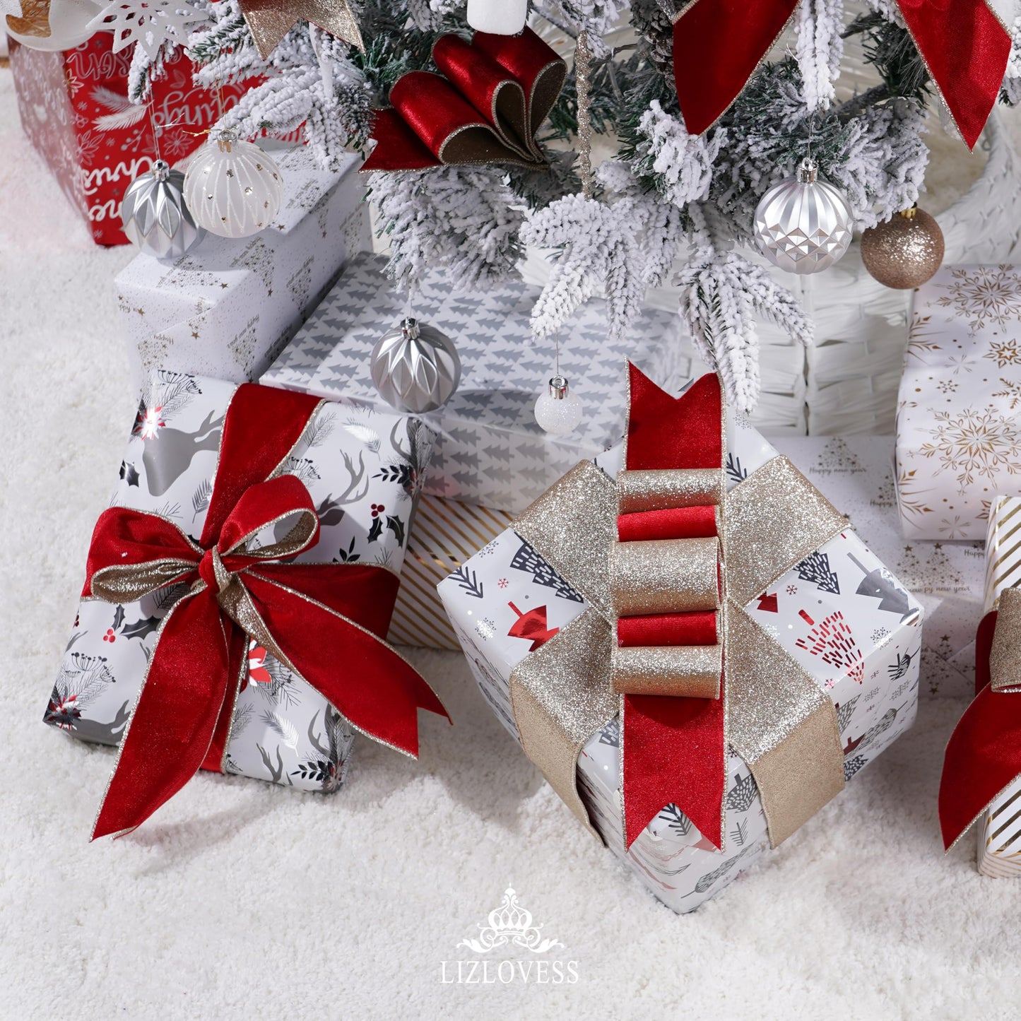 LIZLOVESS Red Velvet Wired Ribbon with Glitter Back 2.5 Inch Red and Gold Christmas Ribbon Wired Ribbon for Christmas Tree, Gift Wrapping, Mantel, Wreaths Supplies, Topper Bows (10 Yards)