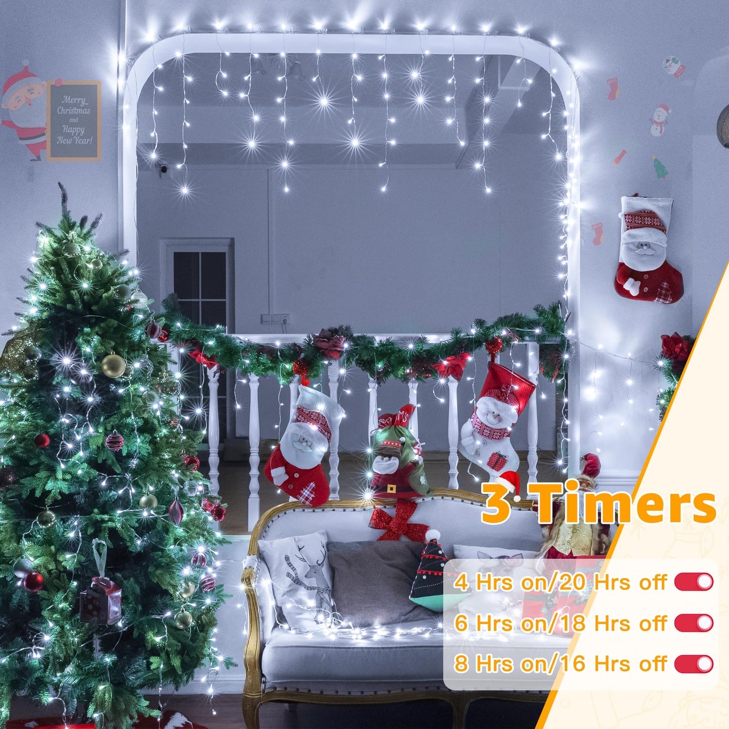 Ollny Icicle Lights 720LED 60FT, Cool White Christmas Lights with Remote 8 Modes Dimmable, Waterproof Connectable Timer Hanging Light for House Outdoor Outside Yard Indoor Decorations