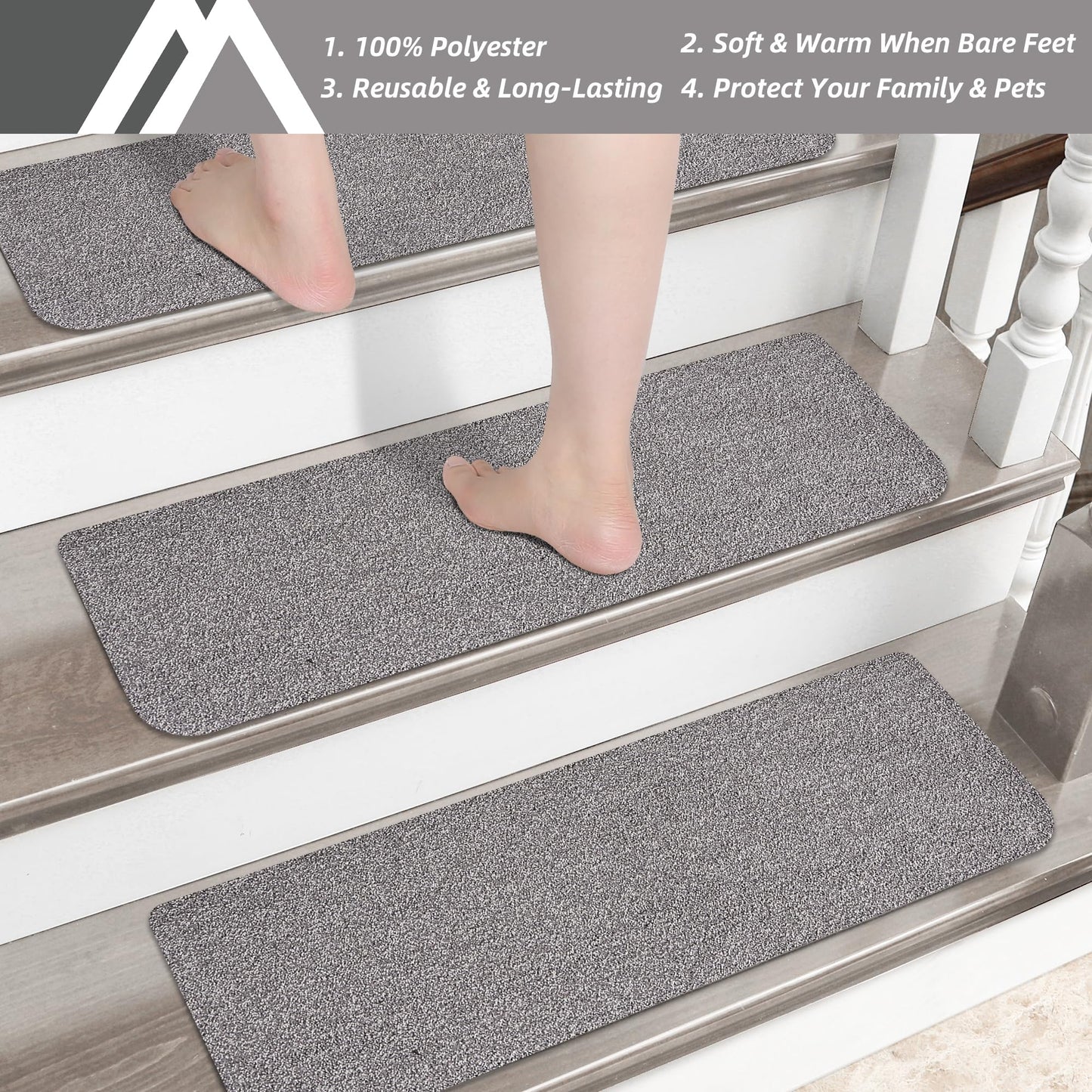 COSY HOMEER Stair Treads Non-Slip Carpet Mat 28inX9in Indoor Stair Runners for Wooden Steps, Stair Rugs for Kids and Dogs, 100% Polyester TPE Backing 4pcs,Grey,Protect Floor