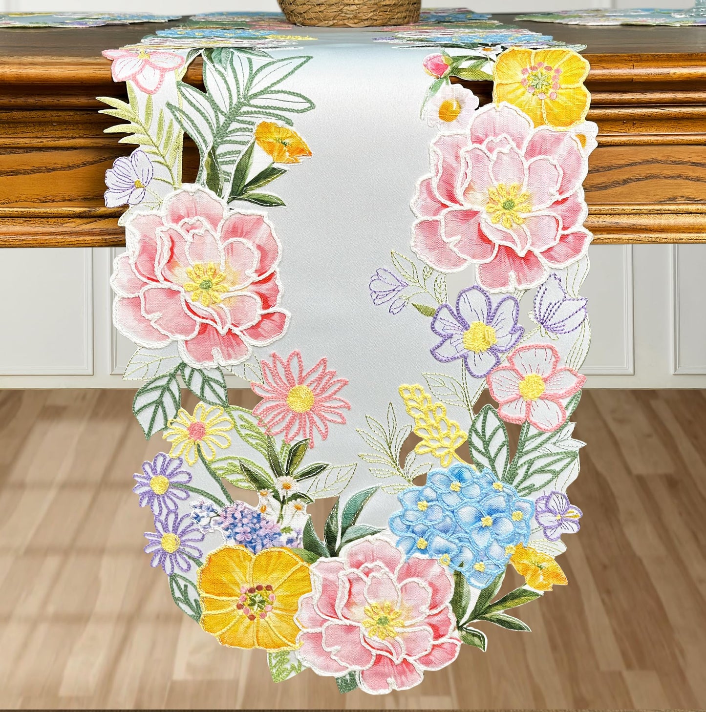 KEVA Floral Spring Table Runner 13x72inch, Flower Cutwork Embroidered Table Runner & PLACEMAT, Easter Seasonal Spring Table Decorations for Kitchen Dining Table (13x72')
