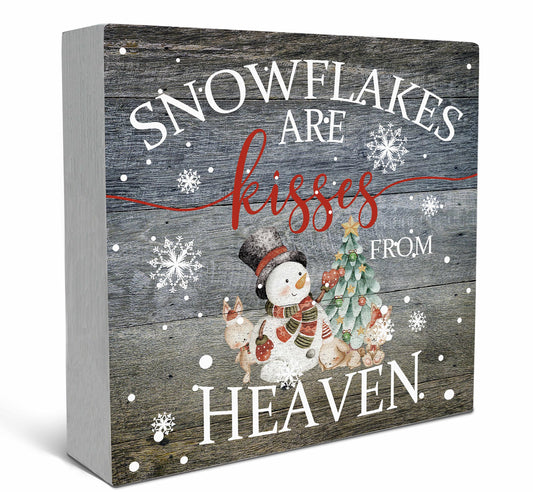 SRADMO Christmas Snowflakes are Kisses from Heaven Wood Box Sign Desk Decor, Winter Signs Box Sign Decoration for Home Office, Snowman Decor Signs Plaques