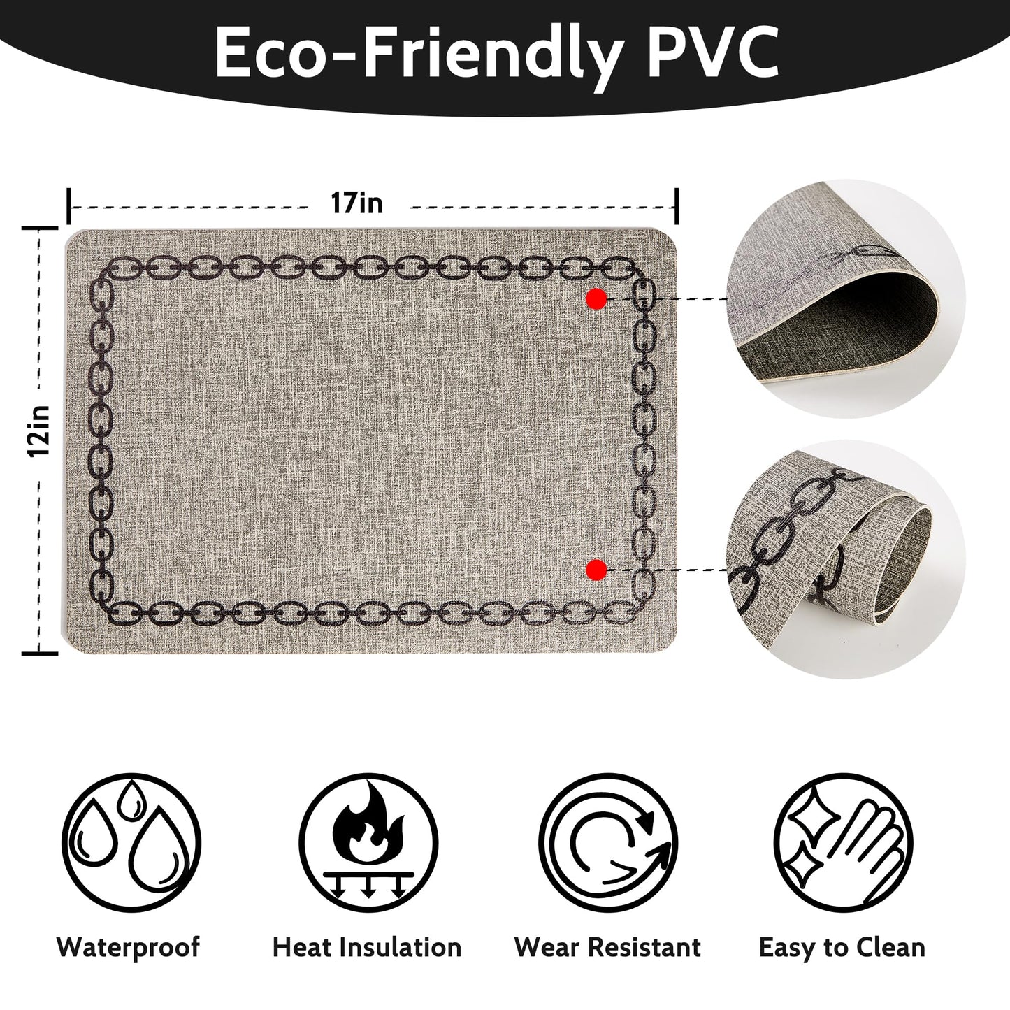 OasisLiteZen Placemats Set of 6, Heat Resistant & Waterproof Table Mats for Dining, Non Slip Scratch Proof Place Mats for Kitchen, Easy to Clean - Outdoor,Indoor Use（17x12 Inch）