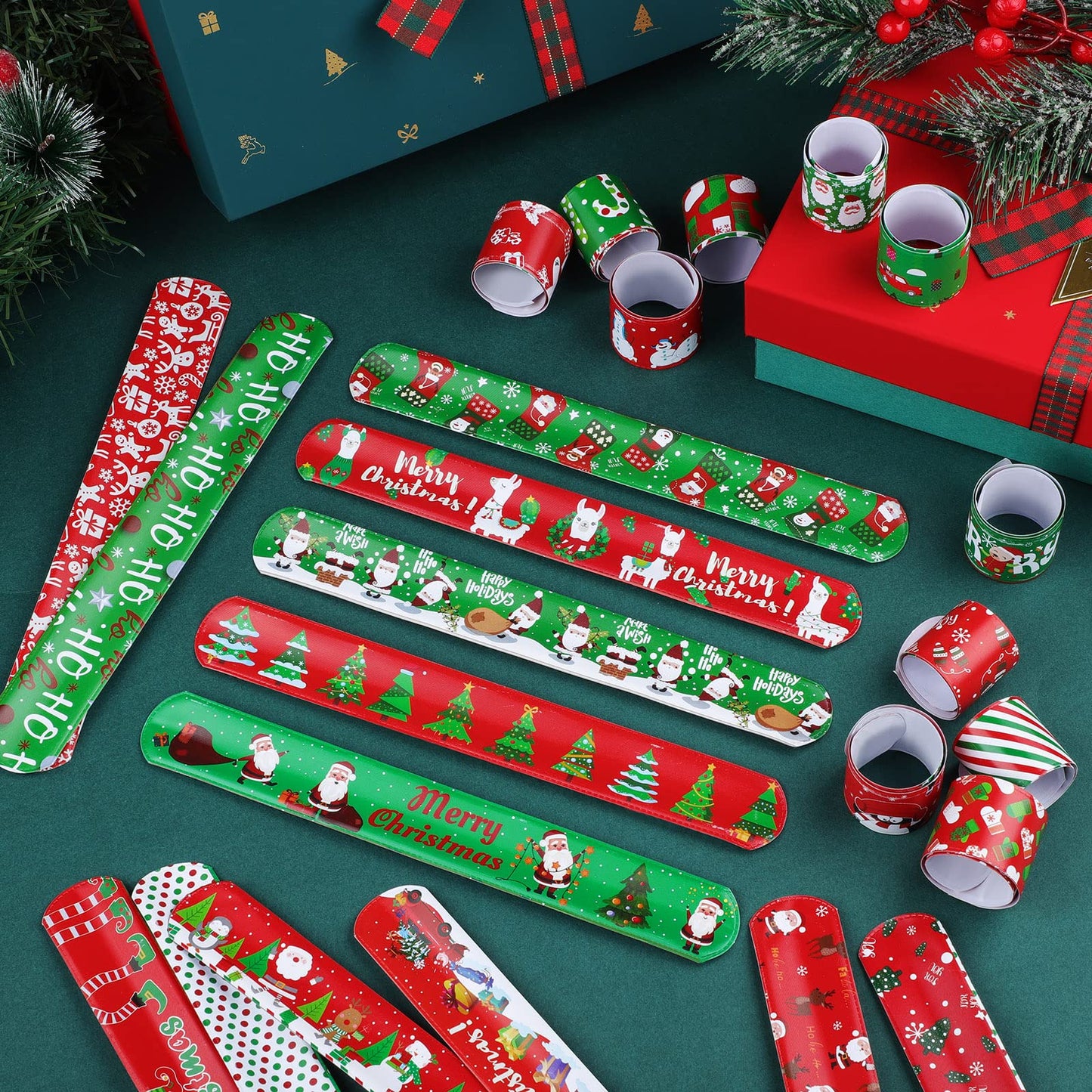 Durony 48 Pieces Christmas Slap Bracelets Xmas Slap Wristbands Bulk Assorted Christmas Theme Pattern for Party Favors Gift Bag Fillers