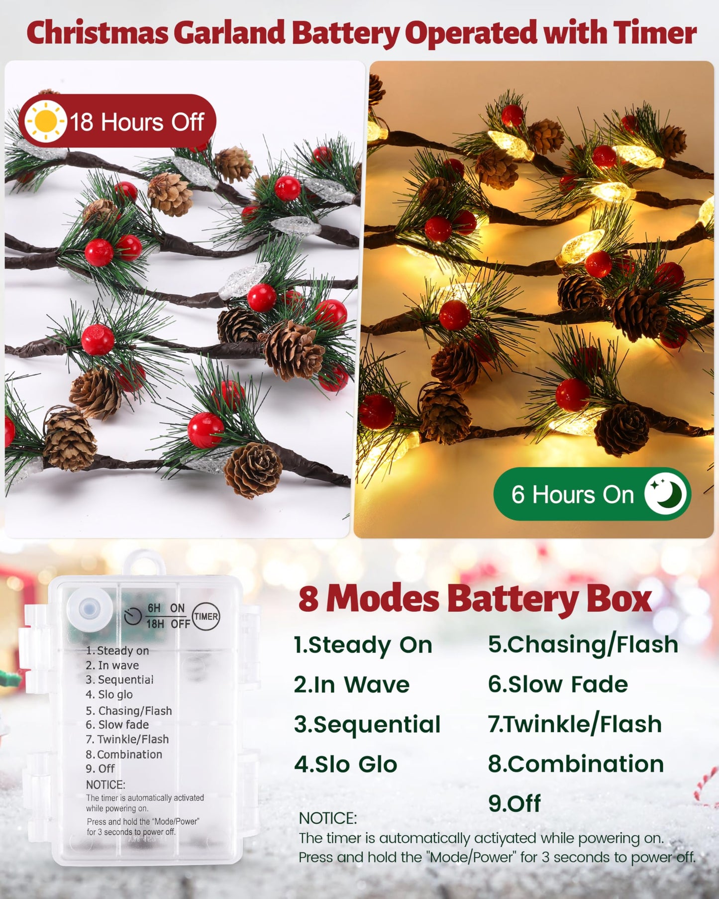 Christmas Garland with Lights,7FT Pinecones Christmas String Lights with Red Berries,Needles,20Led C6 Christmas Lights Battery Operated Prelit Garland for Xmas Decorations Indoor Outdoor