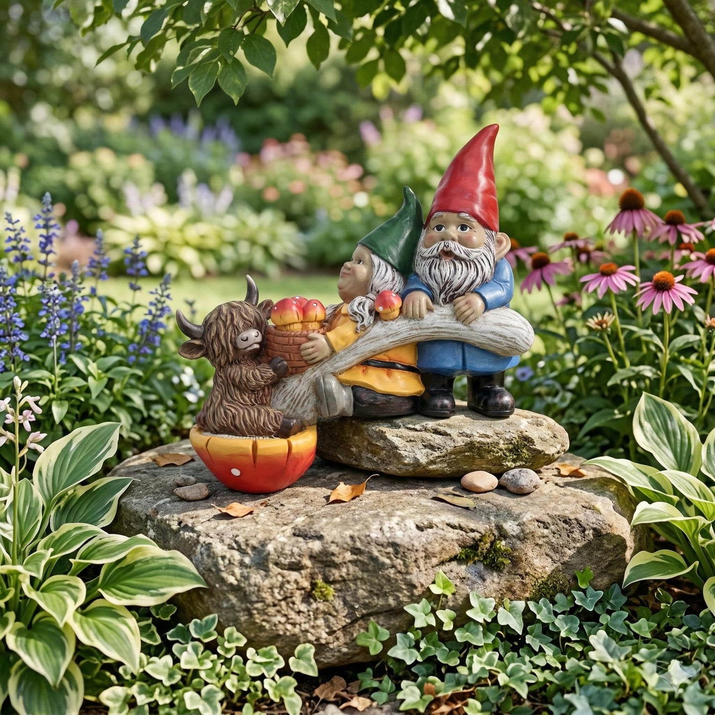 Garden Gnomes and Highland Cow Statue with Mushroom Solar Light, Couple Gnome Figurine for Outdoor Patio Lawn Porch Yard Edge Shelf Sitter Decoration, Garden Knome Holiday Indoor Decor, Love Gift