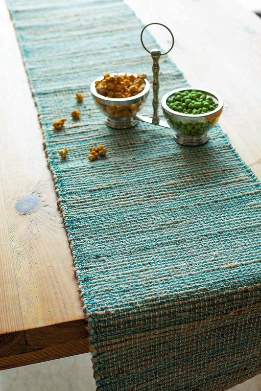 Chardin home Natural Jute Table Runner 13x72 Inch – Vintage Boho Rustic Table Decor – Handwoven Table Runner in Natural Jute and Aqua Turquoise – Farmhouse Dining or Console Table Accent