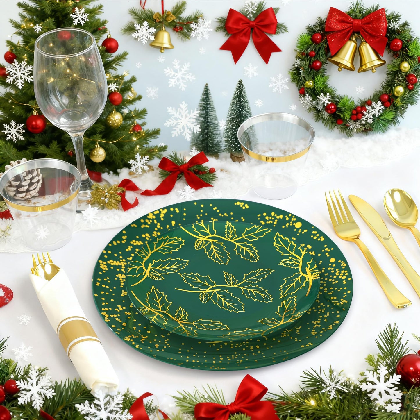 qonimi 175PCS Christmas Party Supplies - Christmas Plastic Dinnerware Set for 25 Guests, 50 Dinner Plates, 25 Cups, 25 Pre-Rolled Napkins with Plastic Cutlery, Gold Tree Design for Party