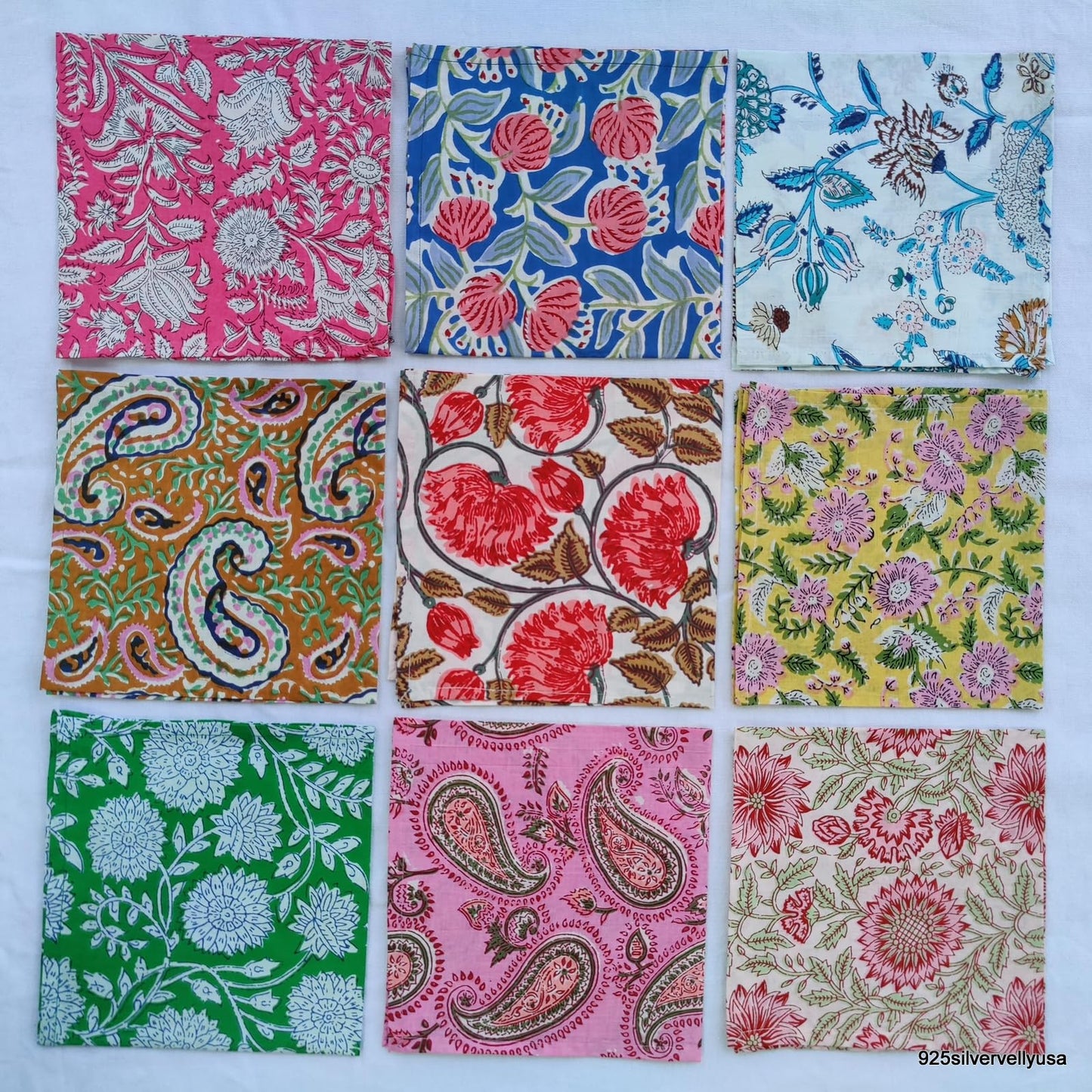 INDIANHANDICRAFTS 10 Pc Mix Lot Hand Block Print Napkin, 100% Cotton, 16x16 Inch, Multicolor Floral, Square, Napkin
