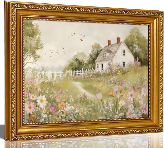 Vintage Gold Framed 3D Texture Cottage Wall Art Cottagecore Wildflower Landscape Painting Picture Wall Decor Country Farmhouse Pastoral Garden Poster Print Artwork for Bedroom Kitchen Home Decoration