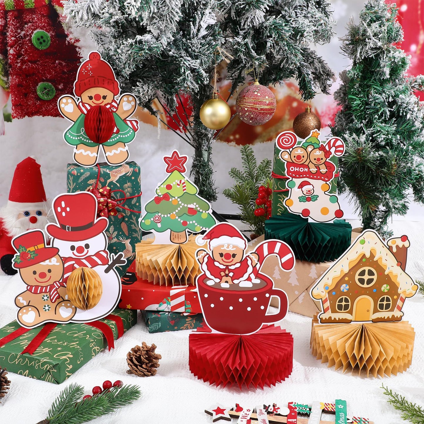 NatNarr 12PCS Christmas Table Centerpieces Gingerbread Christmas Decorations Honeycomb Centerpieces Xmas Party Decorations Snowman Table Toppers for Winter Holiday Party Supplies