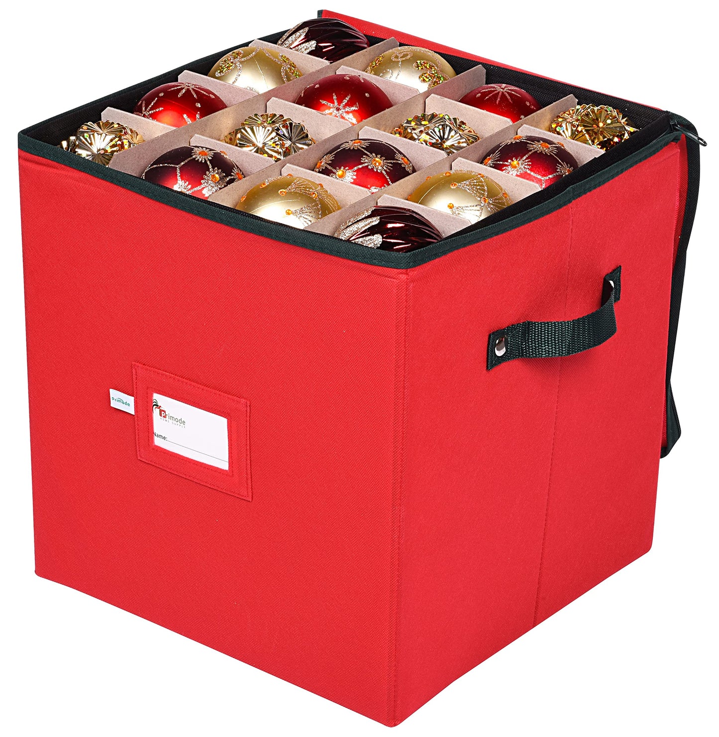 Primode Christmas Ornament Storage Box, 4 Individual Trays Xmas Storage Container, Fits 64 Ornaments Decoration Balls, Constructed of Durable Polyester Material (Red)