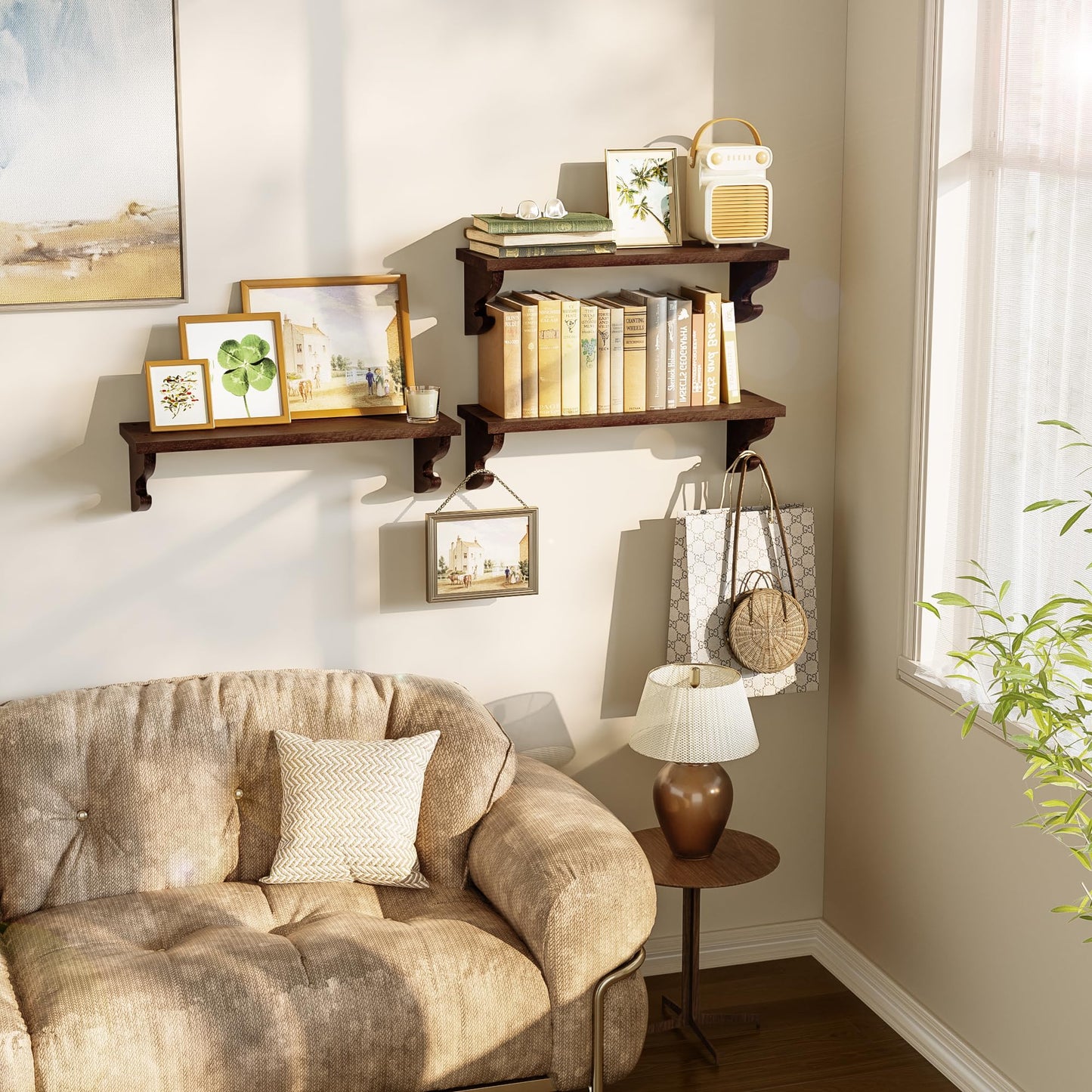 Alsonerbay Wood Floating Shelves for Wall 3 Pack, 17 inch Rustic Wall Shelves with Hook, Decorative Hanging Shelves for Bedroom Living Room Nursery Office and More Light Walnut