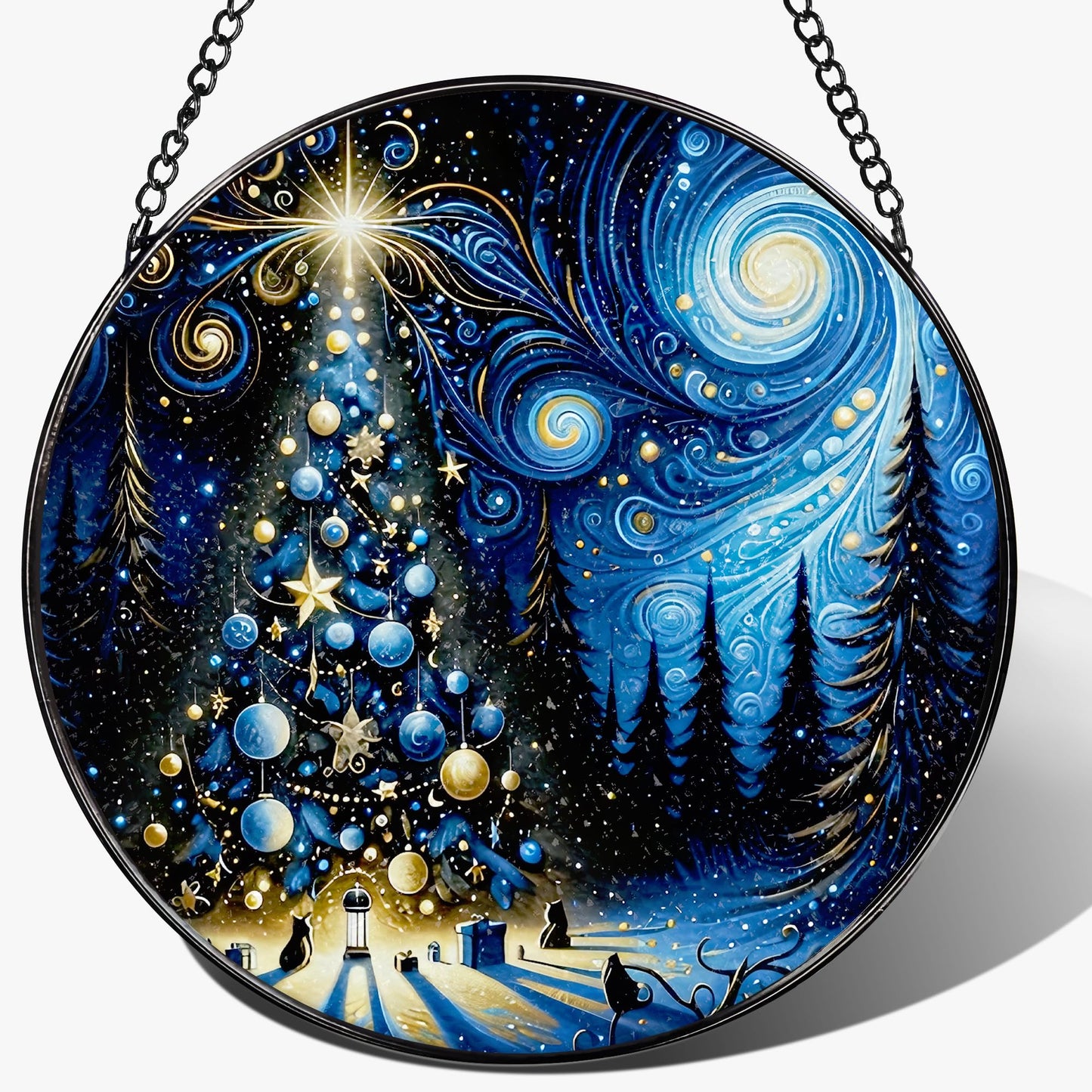 DOUHASU 8″ Starry Night Christmas Tree Stained Glass Suncatcher Ornament, Stained Glass Window Hanging — Holiday Window Ornament | Gift for Christmas, Holiday Present Idea, Gift Exchange, Gifts Idea