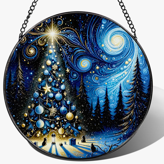 DOUHASU 8″ Starry Night Christmas Tree Stained Glass Suncatcher Ornament, Stained Glass Window Hanging — Holiday Window Ornament | Gift for Christmas, Holiday Present Idea, Gift Exchange, Gifts Idea