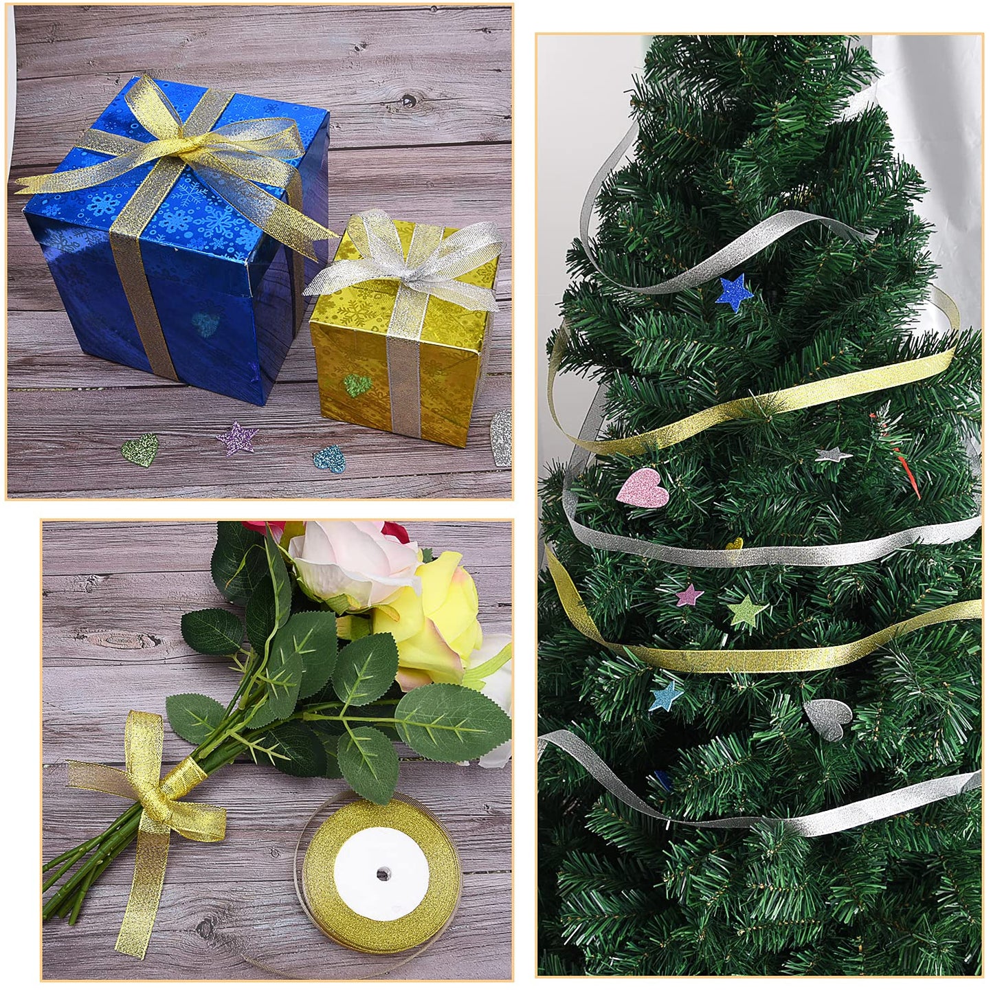 Livder 4 Rolls 4/5 Inch in Width Christmas Metallic Glitter Organza Ribbons Golden, Silvery, Red, Green Ribbon for Gift Wrapping, Christmas Tree Room Decoration